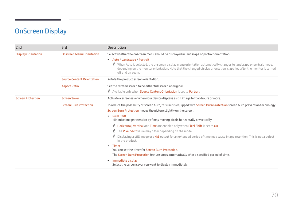 Onscreen display, Onscreen display 70 | Samsung QHC Series 43" 4K UHD Commercial Monitor User Manual | Page 70 / 108