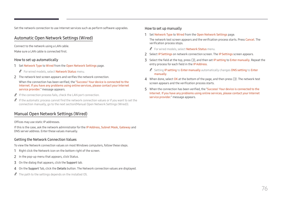 Automatic open network settings (wired), Manual open network settings (wired) | Samsung QHC Series 43" 4K UHD Commercial Monitor User Manual | Page 76 / 108