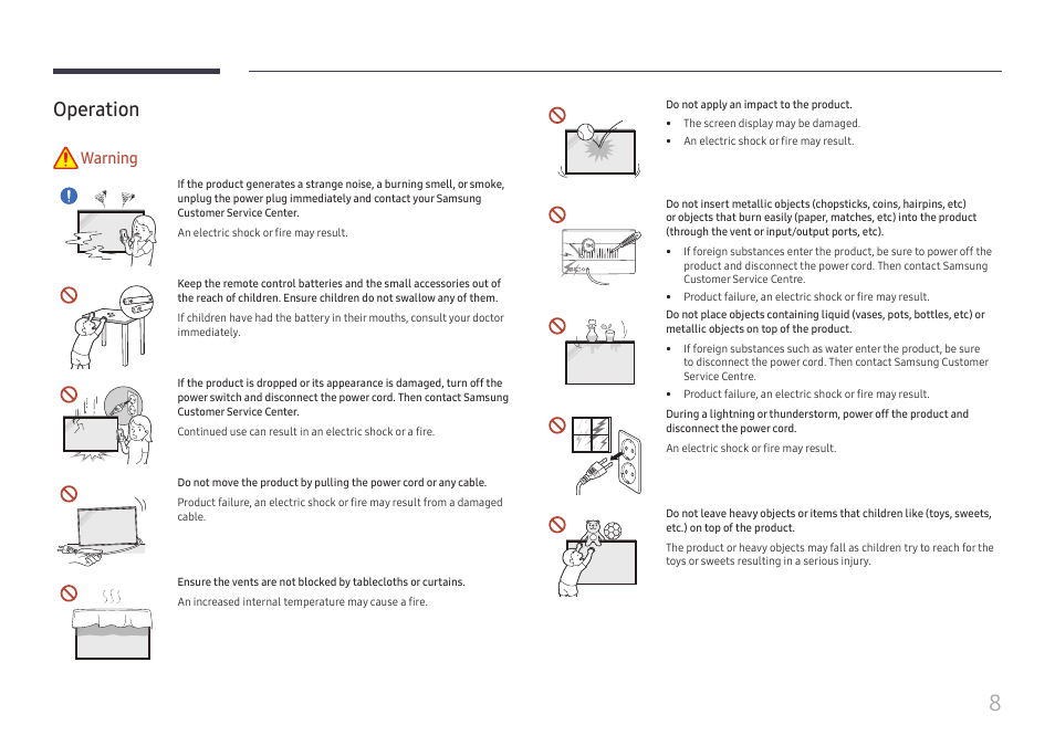 Operation, Operation 8, Warning | Samsung QHC Series 43" 4K UHD Commercial Monitor User Manual | Page 8 / 108