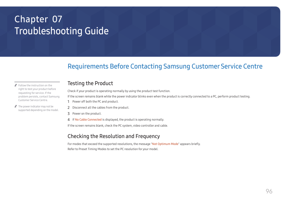 Troubleshooting guide, Testing the product, Checking the resolution and frequency | Requirements before contacting samsung, Customer service centre, Chapter 07 | Samsung QHC Series 43" 4K UHD Commercial Monitor User Manual | Page 96 / 108