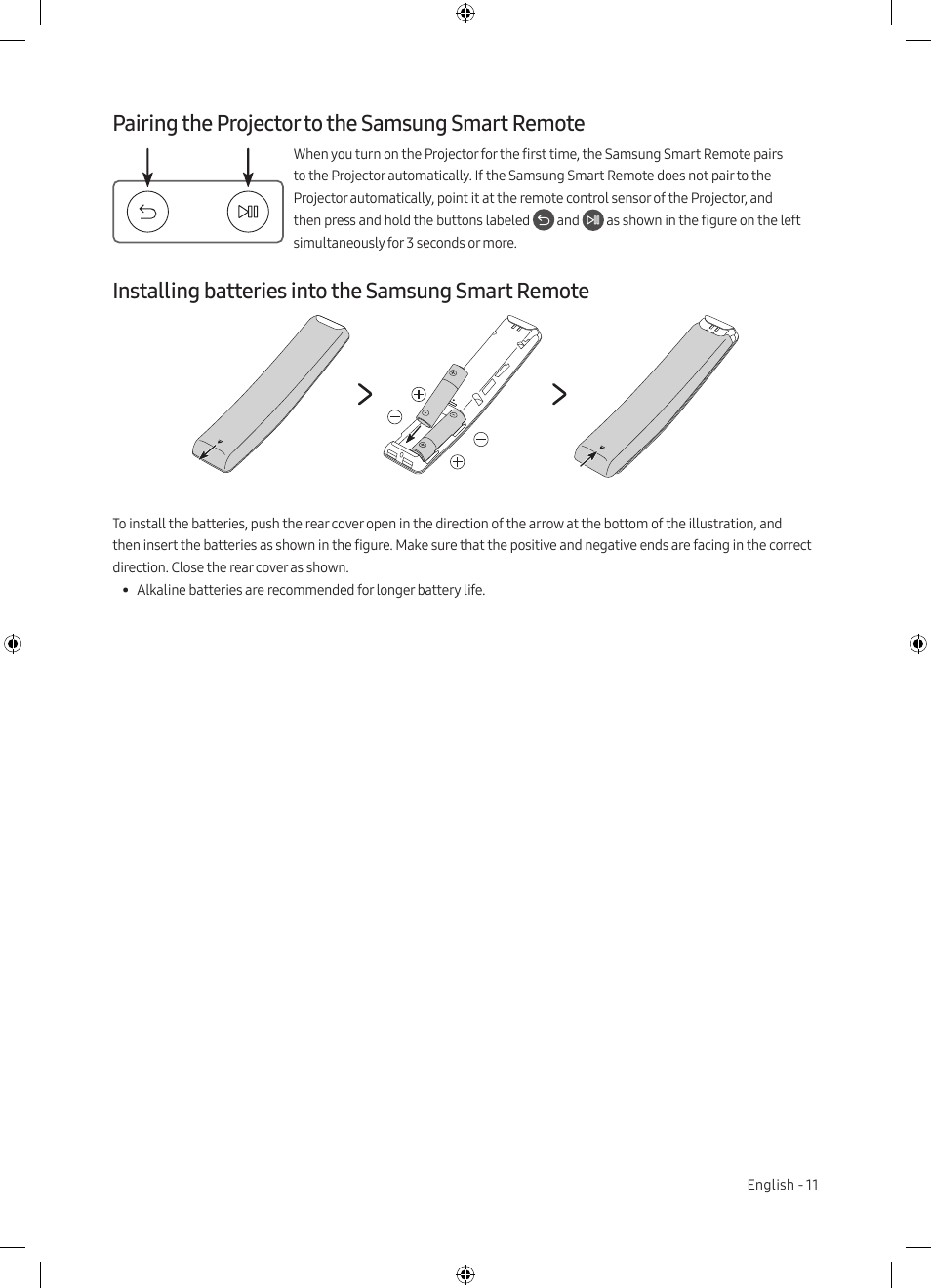 Pairing the projector to the samsung smart remote, Installing batteries into the samsung smart remote | Samsung The Premiere LSP7T 2200-Lumen Ultra-Short Throw Smart Laser DLP Home Theater Projector User Manual | Page 11 / 20