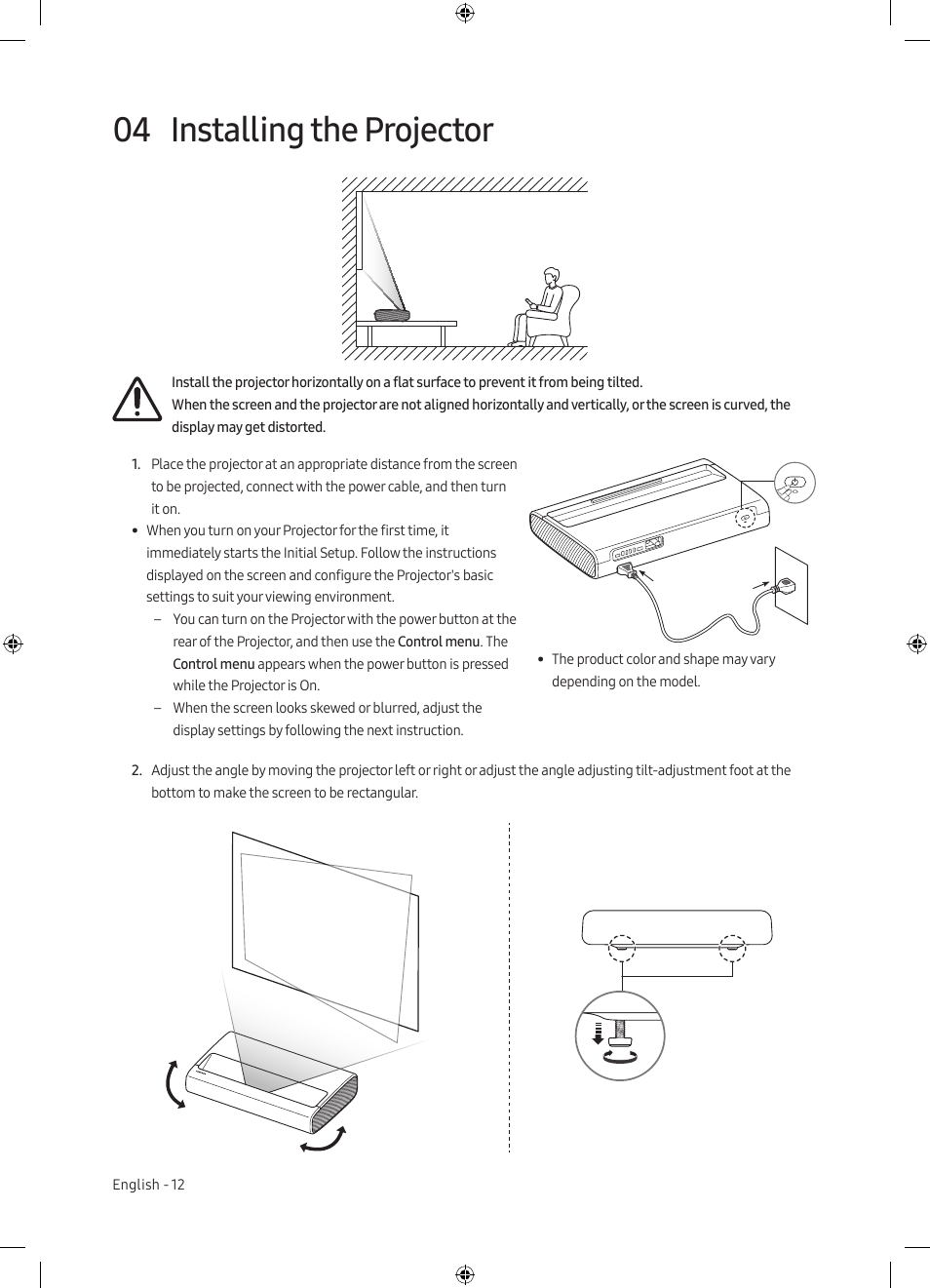 04 installing the projector, Installing the projector | Samsung The Premiere LSP7T 2200-Lumen Ultra-Short Throw Smart Laser DLP Home Theater Projector User Manual | Page 12 / 20