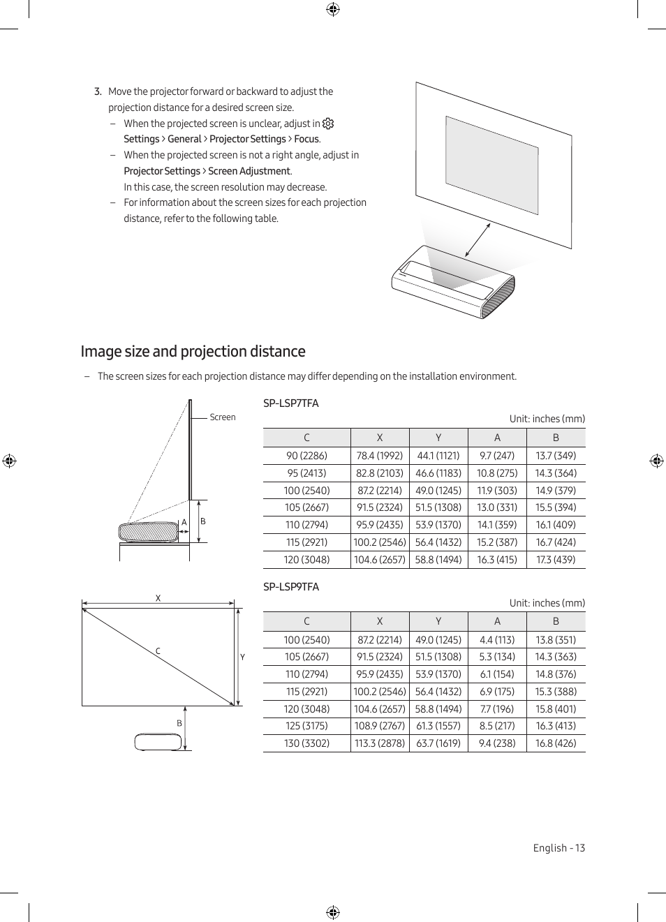 Image size and projection distance | Samsung The Premiere LSP7T 2200-Lumen Ultra-Short Throw Smart Laser DLP Home Theater Projector User Manual | Page 13 / 20