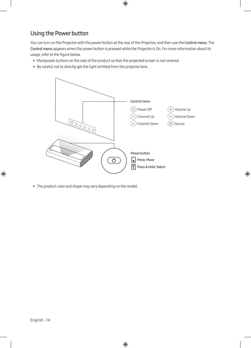 Using the power button | Samsung The Premiere LSP7T 2200-Lumen Ultra-Short Throw Smart Laser DLP Home Theater Projector User Manual | Page 14 / 20