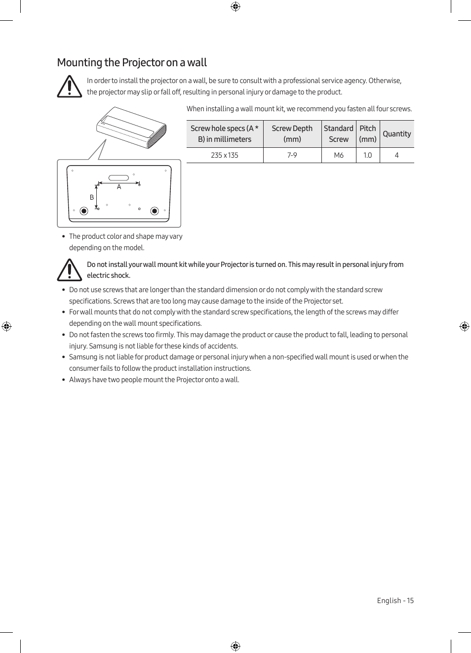 Mounting the projector on a wall | Samsung The Premiere LSP7T 2200-Lumen Ultra-Short Throw Smart Laser DLP Home Theater Projector User Manual | Page 15 / 20