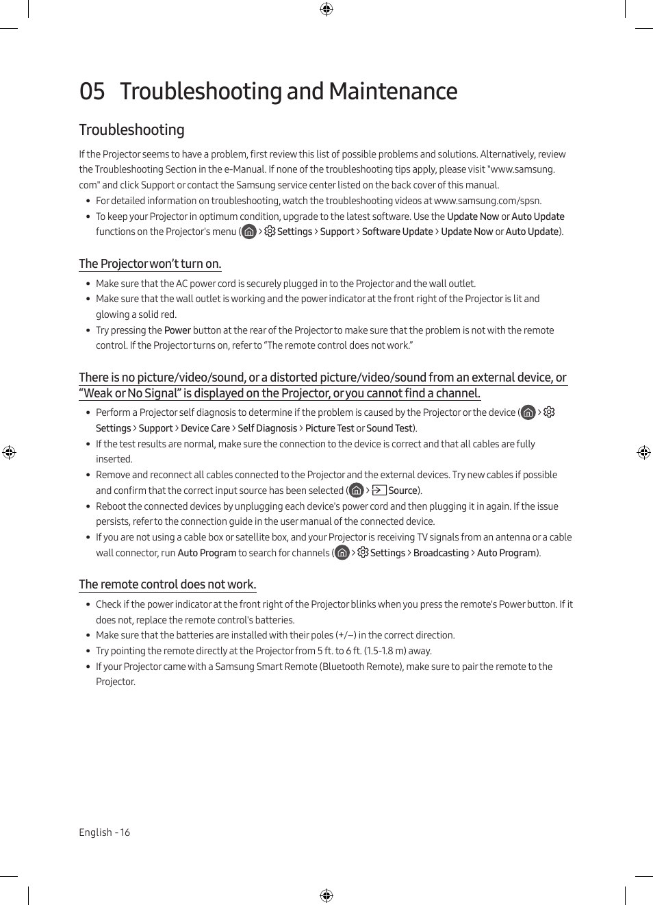 05 troubleshooting and maintenance, Troubleshooting, The projector won’t turn on | The remote control does not work, Troubleshooting and maintenance | Samsung The Premiere LSP7T 2200-Lumen Ultra-Short Throw Smart Laser DLP Home Theater Projector User Manual | Page 16 / 20