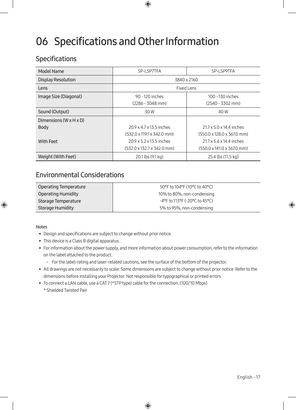 06 specifications and other information, Specifications, Environmental considerations | Specifications and other information | Samsung The Premiere LSP7T 2200-Lumen Ultra-Short Throw Smart Laser DLP Home Theater Projector User Manual | Page 17 / 20