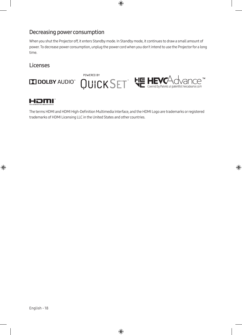 Decreasing power consumption, Licenses | Samsung The Premiere LSP7T 2200-Lumen Ultra-Short Throw Smart Laser DLP Home Theater Projector User Manual | Page 18 / 20