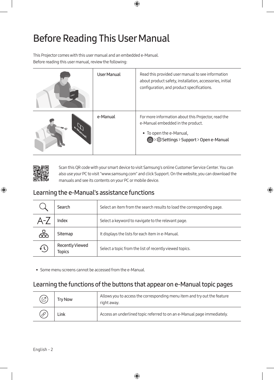 English, Before reading this user manual, Learning the e-manual's assistance functions | Samsung The Premiere LSP7T 2200-Lumen Ultra-Short Throw Smart Laser DLP Home Theater Projector User Manual | Page 2 / 20