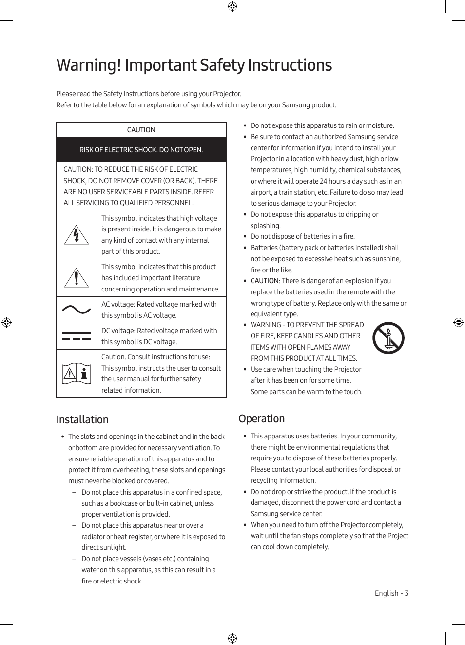 Warning! important safety instructions, Installation, Operation | Samsung The Premiere LSP7T 2200-Lumen Ultra-Short Throw Smart Laser DLP Home Theater Projector User Manual | Page 3 / 20