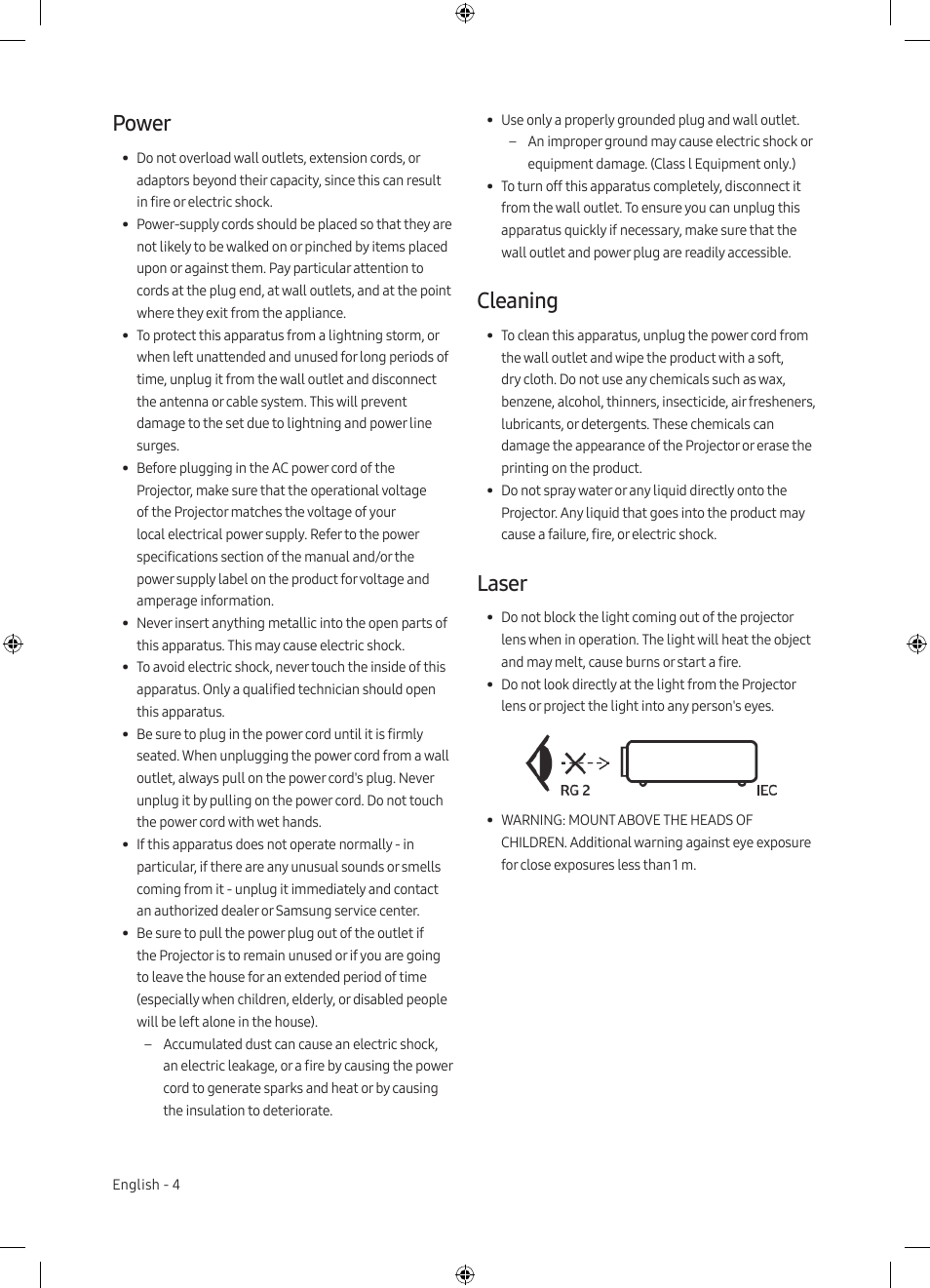 Power, Cleaning, Laser | Samsung The Premiere LSP7T 2200-Lumen Ultra-Short Throw Smart Laser DLP Home Theater Projector User Manual | Page 4 / 20