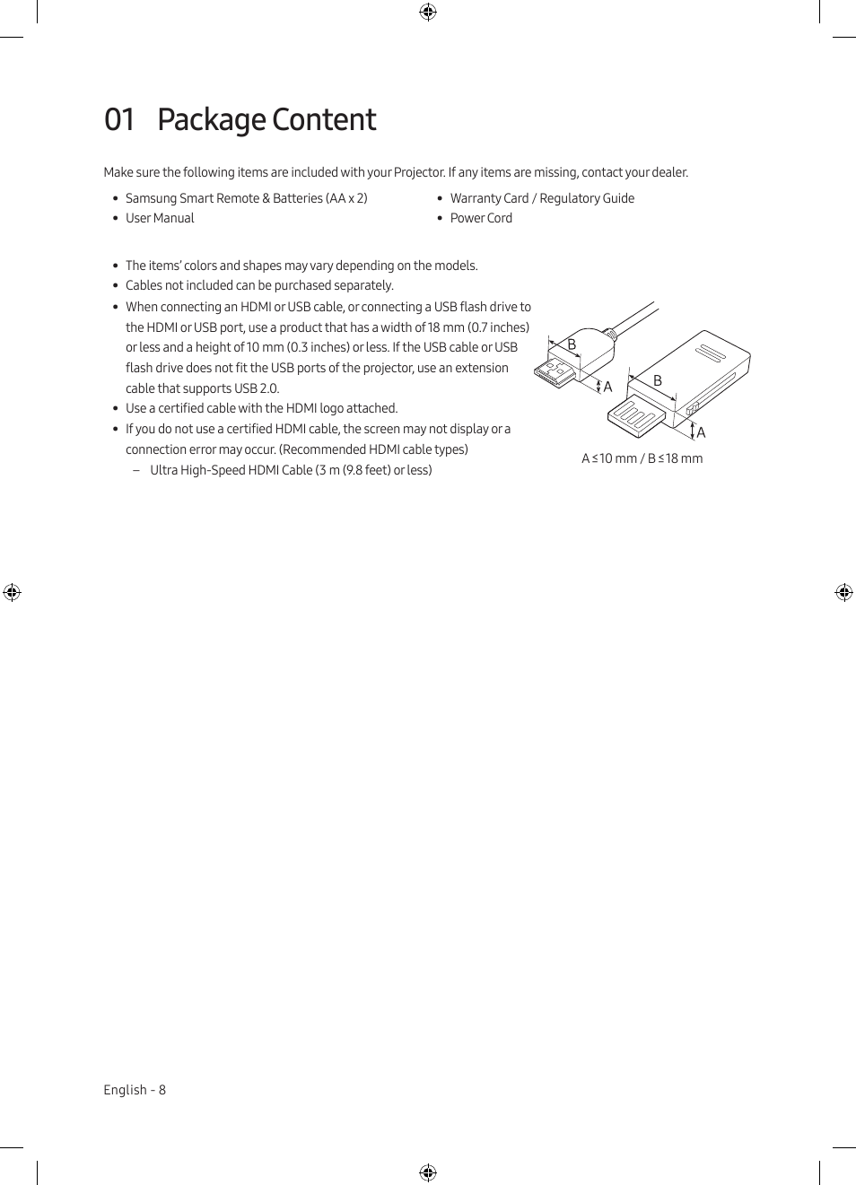 01 package content, Package content | Samsung The Premiere LSP7T 2200-Lumen Ultra-Short Throw Smart Laser DLP Home Theater Projector User Manual | Page 8 / 20