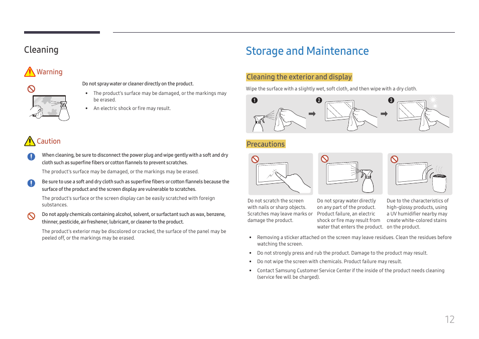 Cleaning, Storage and maintenance, Cleaning 12 | Warning, Caution, Cleaning the exterior and display, Precautions | Samsung VM55B-U 55" Video Wall Display User Manual | Page 12 / 76