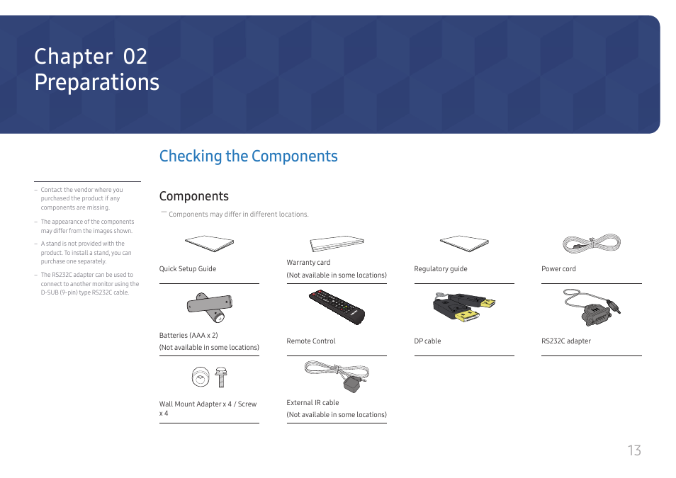 Preparations, Checking the components, Components | Components 13, Chapter 02 | Samsung VM55B-U 55" Video Wall Display User Manual | Page 13 / 76