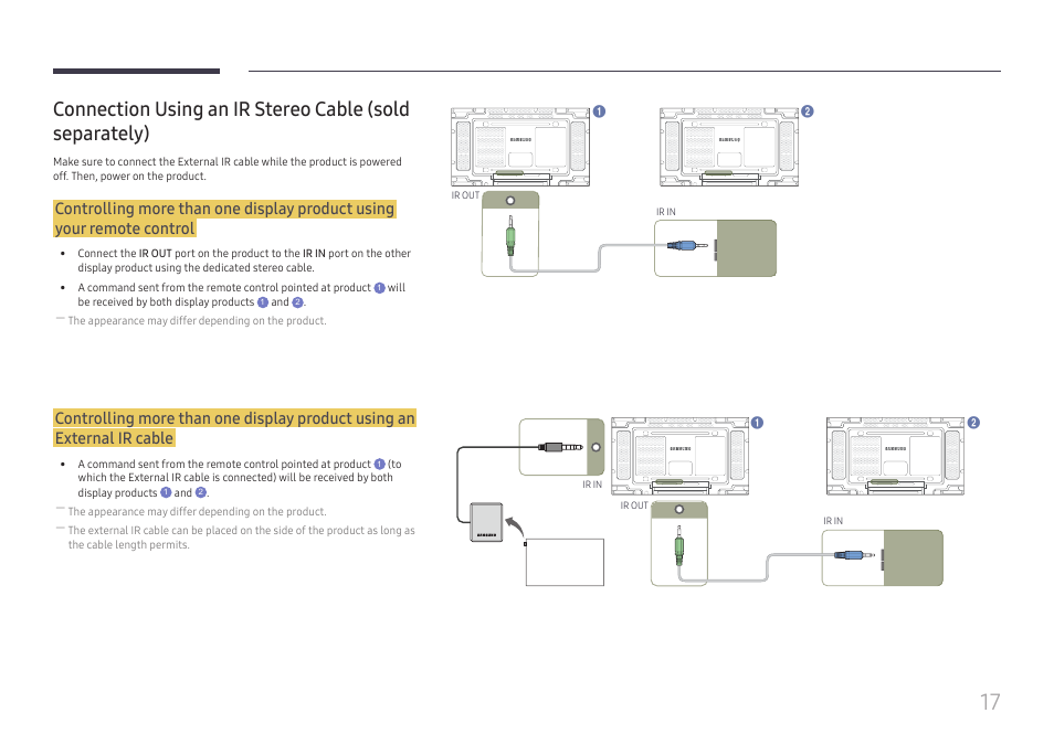 Connection using an ir stereo cable (sold, Separately) 17 | Samsung VM55B-U 55" Video Wall Display User Manual | Page 17 / 76