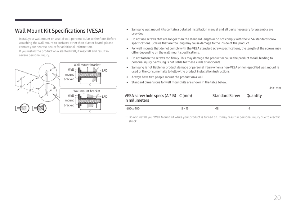 Wall mount kit specifications (vesa) | Samsung VM55B-U 55" Video Wall Display User Manual | Page 20 / 76
