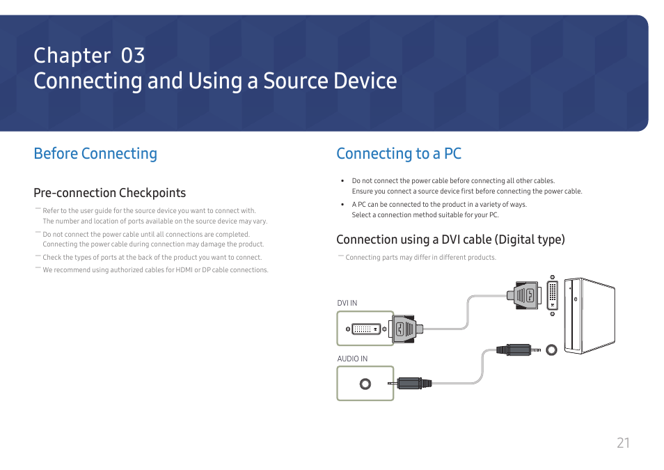 Connecting and using a source device, Before connecting, Pre-connection checkpoints | Connecting to a pc, Connection using a dvi cable (digital type), Connecting and using, A source device, Connection using a dvi cable (digital type) 21, Chapter 03 | Samsung VM55B-U 55" Video Wall Display User Manual | Page 21 / 76