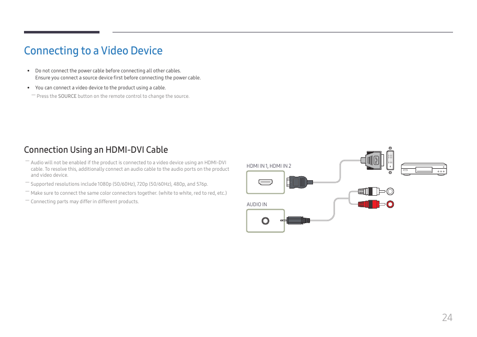 Connecting to a video device, Connection using an hdmi-dvi cable | Samsung VM55B-U 55" Video Wall Display User Manual | Page 24 / 76