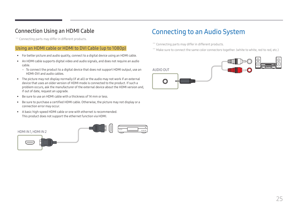 Connection using an hdmi cable, Connecting to an audio system | Samsung VM55B-U 55" Video Wall Display User Manual | Page 25 / 76