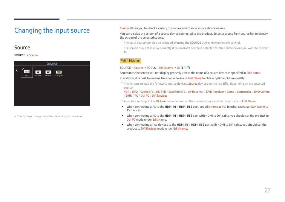 Changing the input source, Source, Source 27 | Edit name | Samsung VM55B-U 55" Video Wall Display User Manual | Page 27 / 76