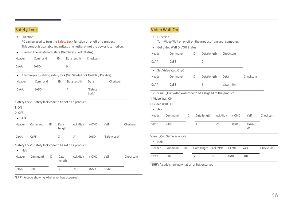 Safety lock, Video wall on | Samsung VM55B-U 55" Video Wall Display User Manual | Page 36 / 76