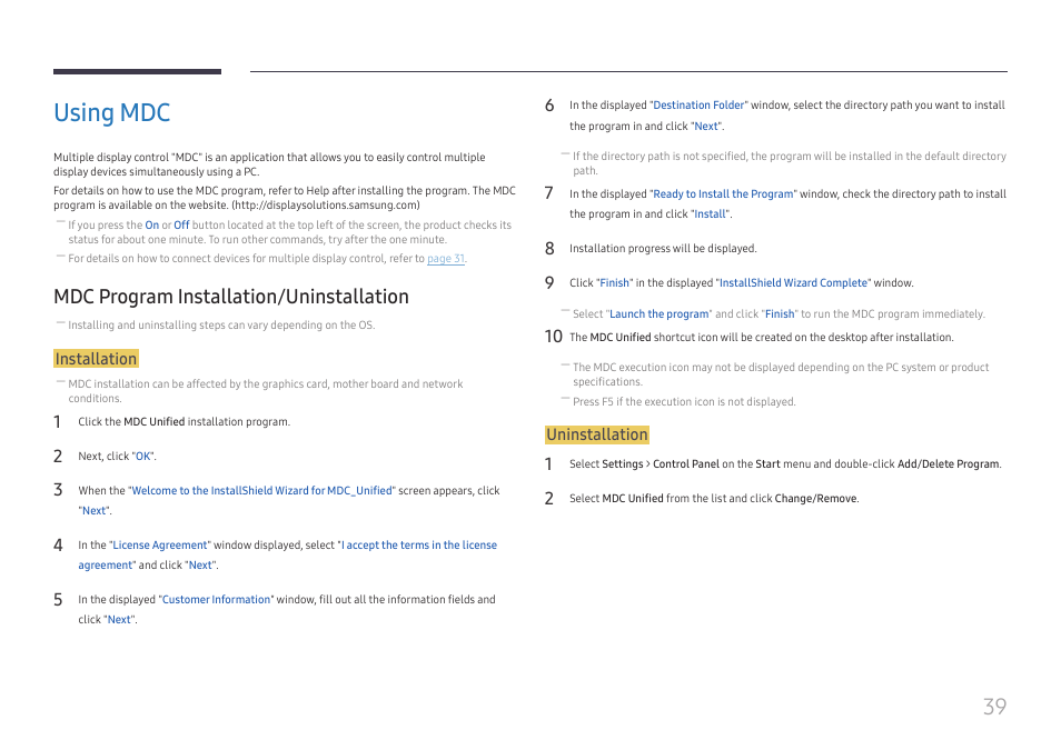 Using mdc, Mdc program installation/uninstallation, Installation | Uninstallation | Samsung VM55B-U 55" Video Wall Display User Manual | Page 39 / 76