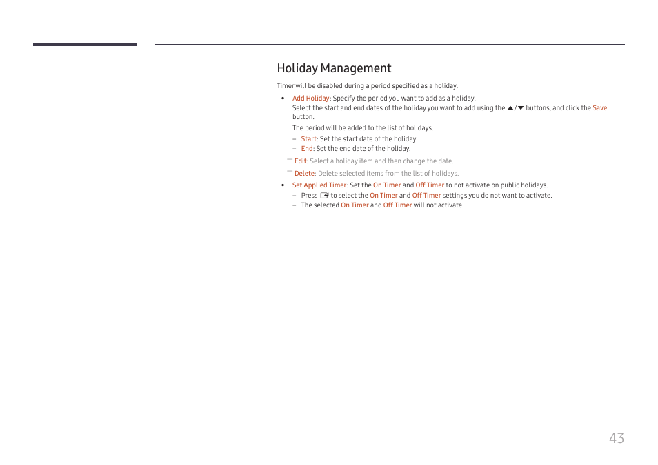 Holiday management, Holiday management 43 | Samsung VM55B-U 55" Video Wall Display User Manual | Page 43 / 76