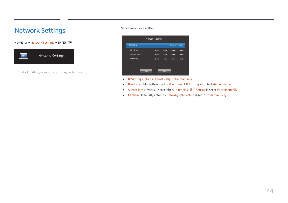 Network settings, Network settings 44 | Samsung VM55B-U 55" Video Wall Display User Manual | Page 44 / 76
