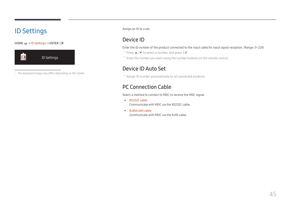 Id settings, Device id, Device id auto set | Pc connection cable, Id settings 45 | Samsung VM55B-U 55" Video Wall Display User Manual | Page 45 / 76