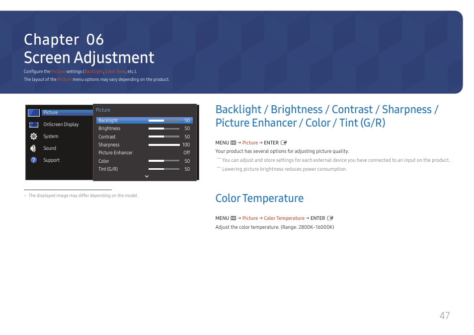 Screen adjustment, Color temperature, Backlight / brightness / contrast | Sharpness / picture enhancer / color, Tint (g/r) 47, Color temperature 47, Chapter 06 | Samsung VM55B-U 55" Video Wall Display User Manual | Page 47 / 76
