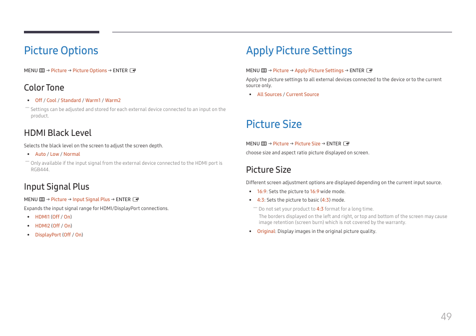 Picture options, Color tone, Hdmi black level | Input signal plus, Apply picture settings, Picture size, Picture options 49, Apply picture settings 49, Picture size 49 | Samsung VM55B-U 55" Video Wall Display User Manual | Page 49 / 76