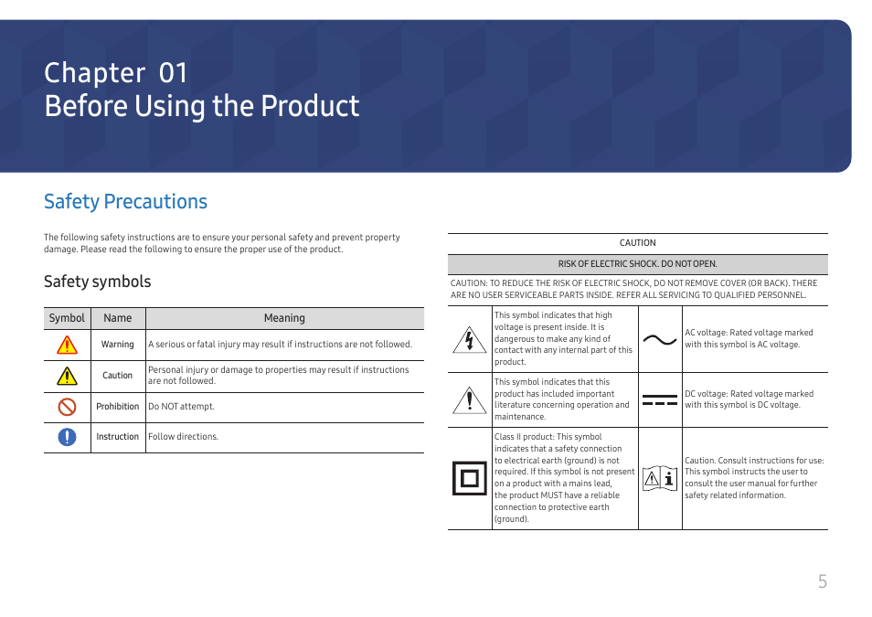 Before using the product, Safety precautions, Safety symbols | Chapter 01 | Samsung VM55B-U 55" Video Wall Display User Manual | Page 5 / 76