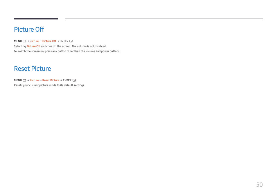 Picture off, Reset picture, Picture off 50 | Reset picture 50 | Samsung VM55B-U 55" Video Wall Display User Manual | Page 50 / 76
