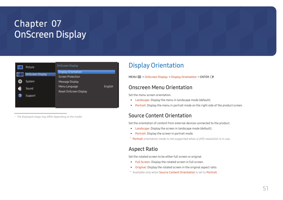 Onscreen display, Display orientation, Onscreen menu orientation | Source content orientation, Aspect ratio, Display orientation 51, Chapter 07 | Samsung VM55B-U 55" Video Wall Display User Manual | Page 51 / 76