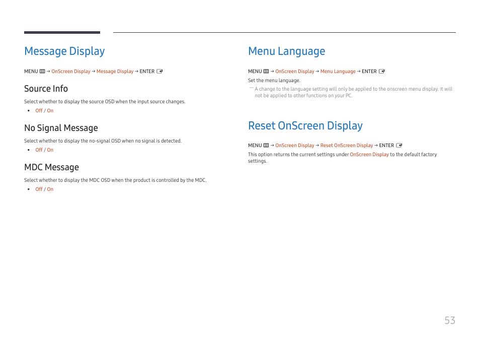 Message display, Source info, No signal message | Mdc message, Menu language, Reset onscreen display, Message display 53, Source info 53 no signal message 53 mdc message 53, Menu language 53, Reset onscreen display 53 | Samsung VM55B-U 55" Video Wall Display User Manual | Page 53 / 76