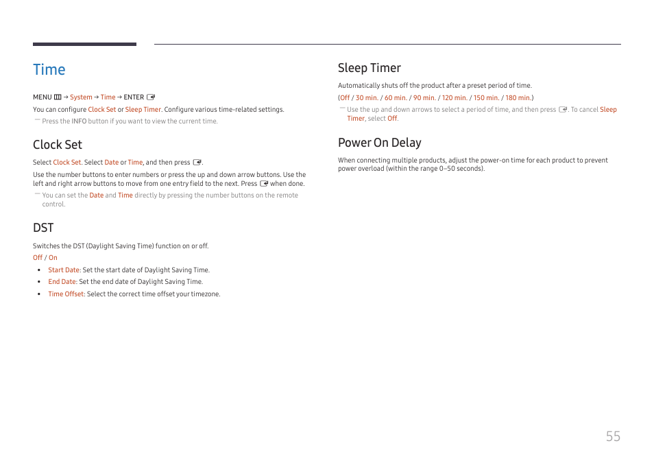 Time, Clock set, Sleep timer | Power on delay, Time 55 | Samsung VM55B-U 55" Video Wall Display User Manual | Page 55 / 76
