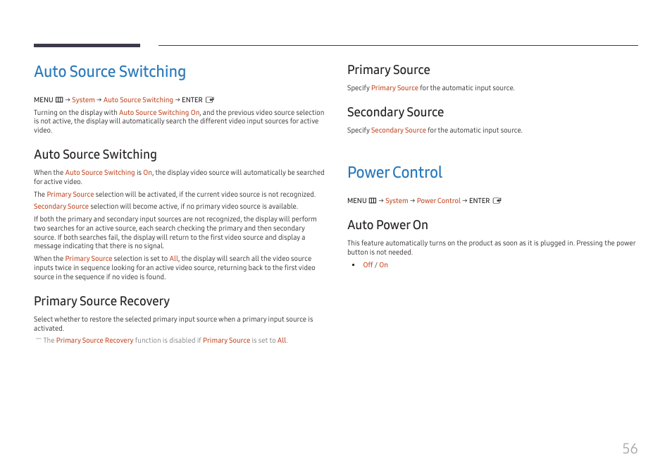 Auto source switching, Primary source recovery, Primary source | Secondary source, Power control, Auto power on, Auto source switching 56, Power control 56, Auto power on 56 | Samsung VM55B-U 55" Video Wall Display User Manual | Page 56 / 76