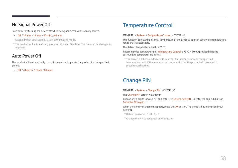 No signal power off, Auto power off, Temperature control | Change pin, No signal power off 58 auto power off 58, Temperature control 58, Change pin 58 | Samsung VM55B-U 55" Video Wall Display User Manual | Page 58 / 76