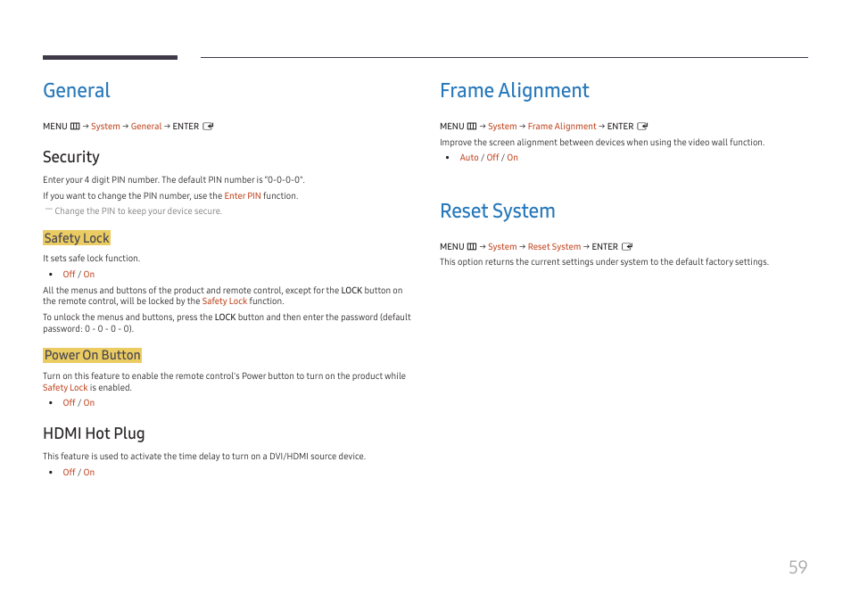 General, Security, Hdmi hot plug | Frame alignment, Reset system, General 59, Security 59 hdmi hot plug 59, Frame alignment 59, Reset system 59, Safety lock | Samsung VM55B-U 55" Video Wall Display User Manual | Page 59 / 76