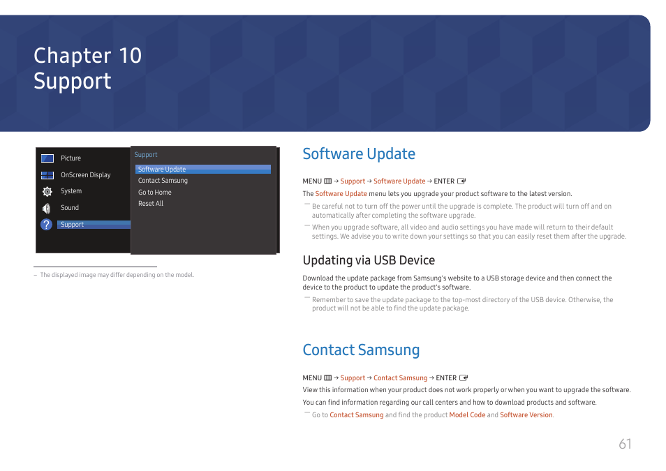 Support, Software update, Updating via usb device | Contact samsung, Software update 61, Contact samsung 61, Chapter 10 | Samsung VM55B-U 55" Video Wall Display User Manual | Page 61 / 76