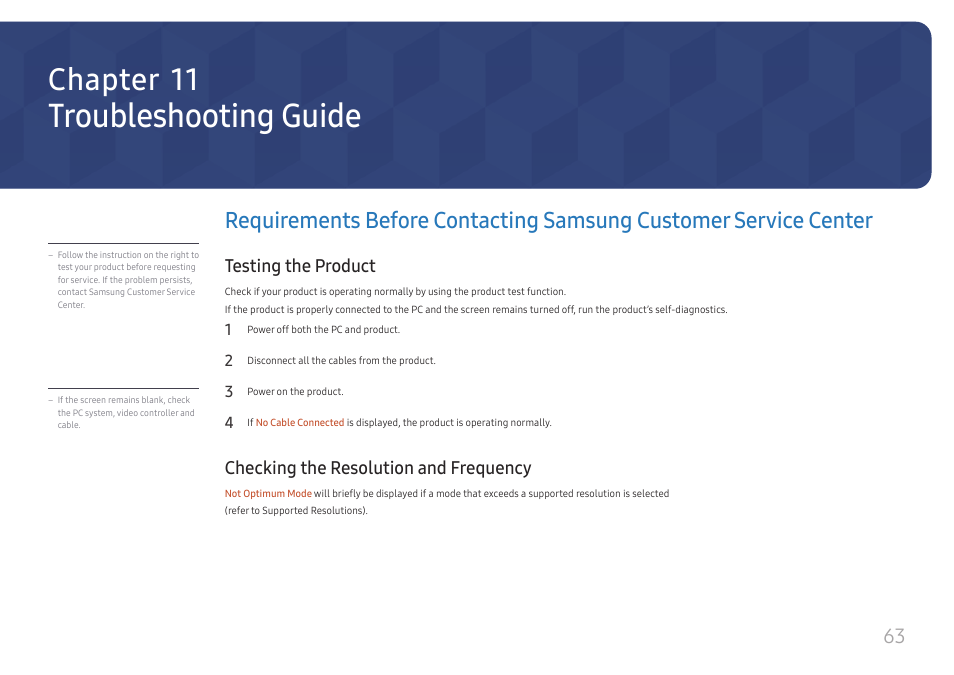 Troubleshooting guide, Testing the product, Checking the resolution and frequency | Requirements before contacting samsung, Customer service center, Chapter 11 | Samsung VM55B-U 55" Video Wall Display User Manual | Page 63 / 76