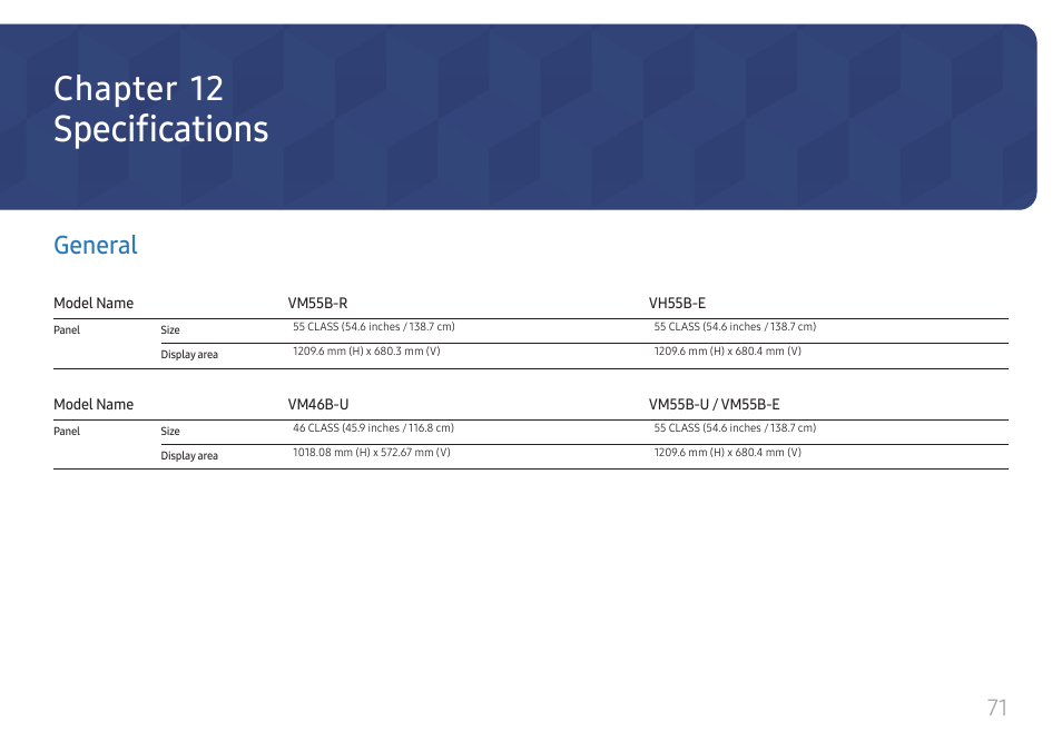 Specifications, General, General 71 | Chapter 12 | Samsung VM55B-U 55" Video Wall Display User Manual | Page 71 / 76