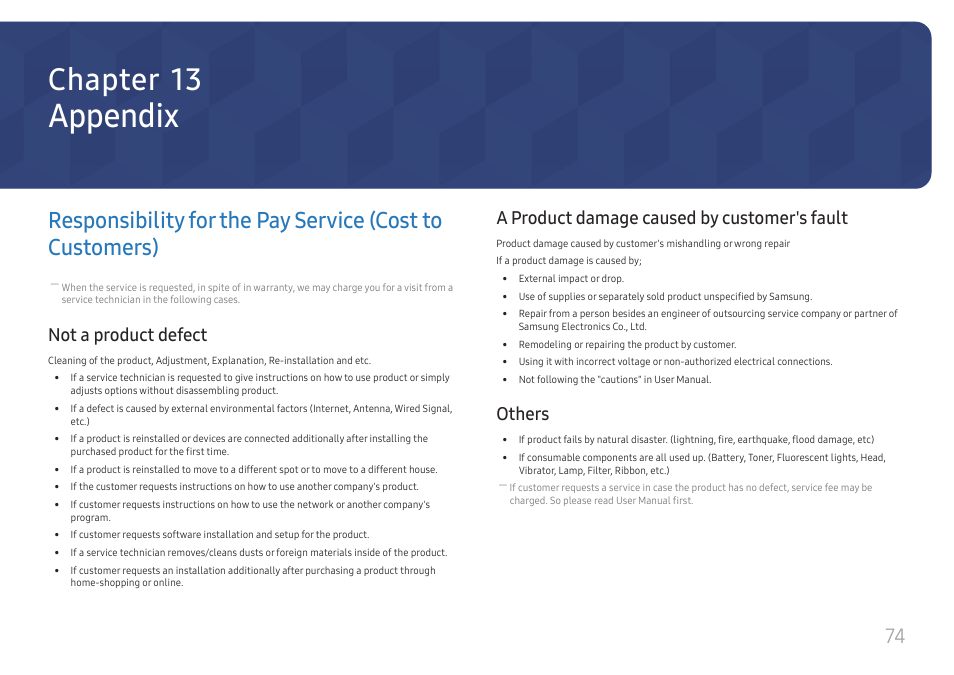 Appendix, Not a product defect, A product damage caused by customer's fault | Others, Responsibility for the pay service (cost to, Customers) 74, A product damage caused by customer's, Fault 74 others 74, Chapter 13 | Samsung VM55B-U 55