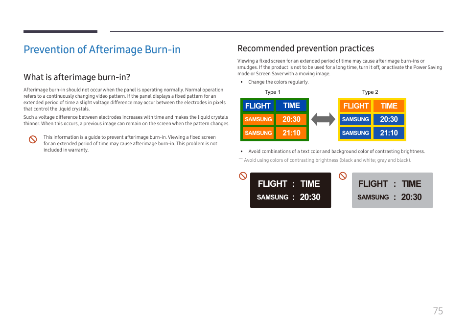 Prevention of afterimage burn-in, What is afterimage burn-in, Recommended prevention practices | Flight time 20:30 | Samsung VM55B-U 55" Video Wall Display User Manual | Page 75 / 76