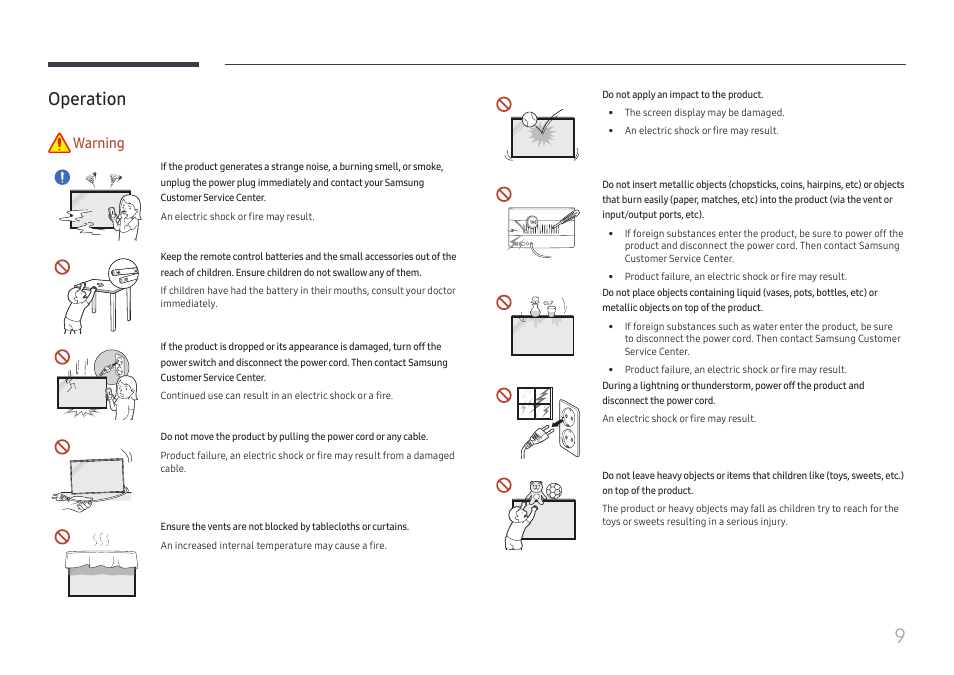 Operation, Operation 9, Warning | Samsung VM55B-U 55" Video Wall Display User Manual | Page 9 / 76