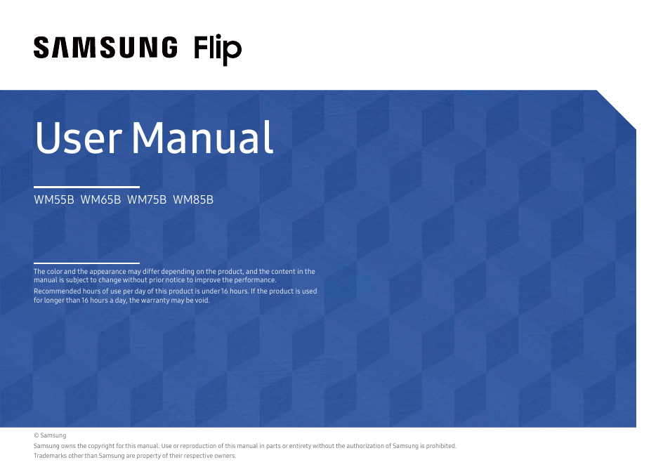 Samsung WM55B Flip Pro 55" 4K Interactive Touchscreen LED Display User Manual | 76 pages