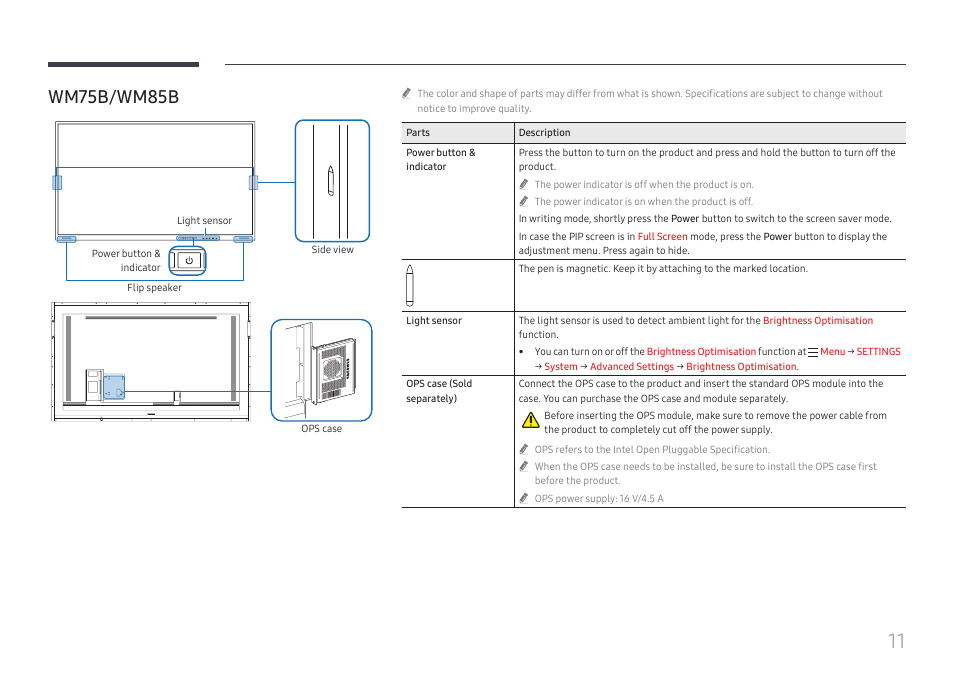 Wm75b / wm85b | Samsung WM55B Flip Pro 55" 4K Interactive Touchscreen LED Display User Manual | Page 11 / 76