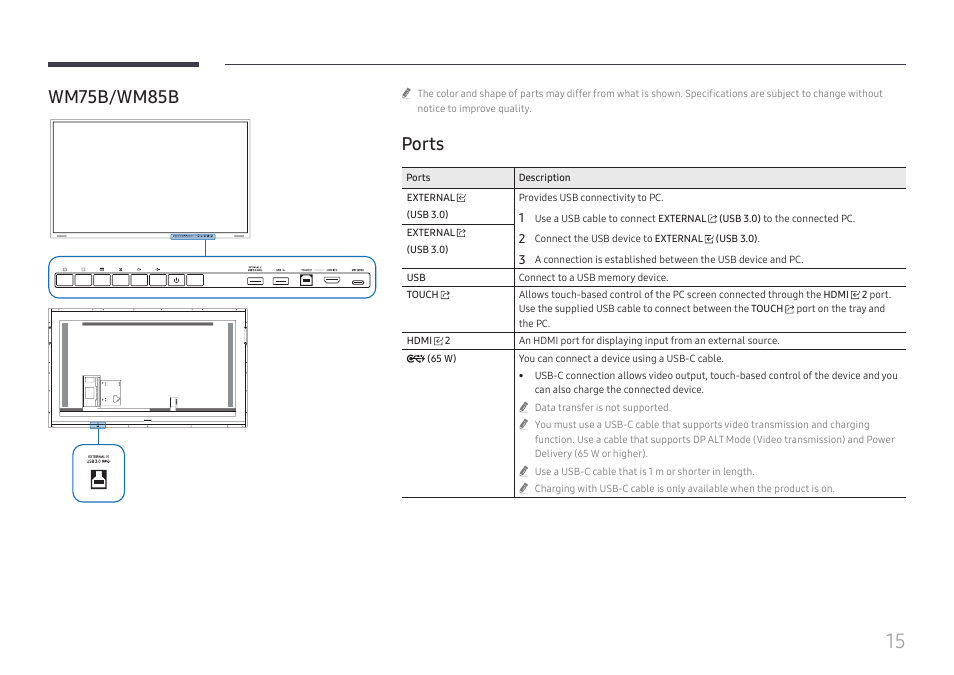 Ports, Wm75b / wm85b | Samsung WM55B Flip Pro 55" 4K Interactive Touchscreen LED Display User Manual | Page 15 / 76