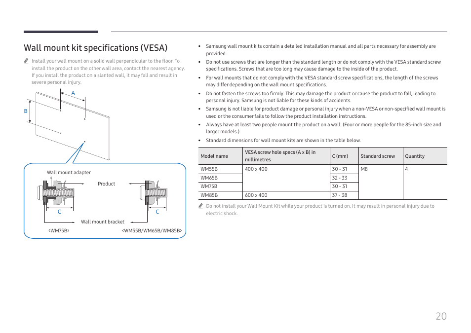 Wall mount kit specifications (vesa) | Samsung WM55B Flip Pro 55" 4K Interactive Touchscreen LED Display User Manual | Page 20 / 76