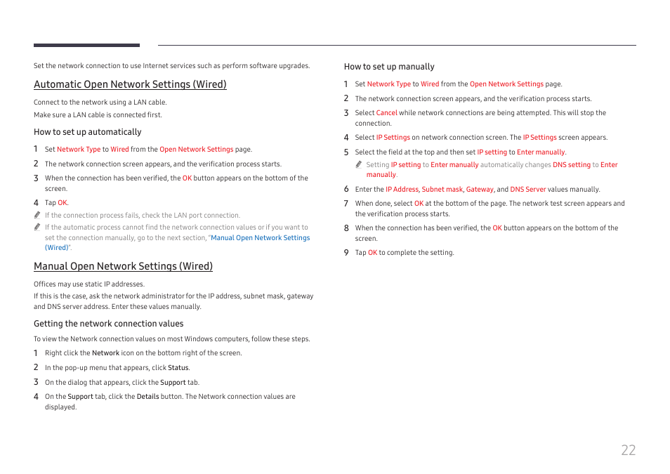 Automatic open network settings (wired), Manual open network settings (wired) | Samsung WM55B Flip Pro 55" 4K Interactive Touchscreen LED Display User Manual | Page 22 / 76
